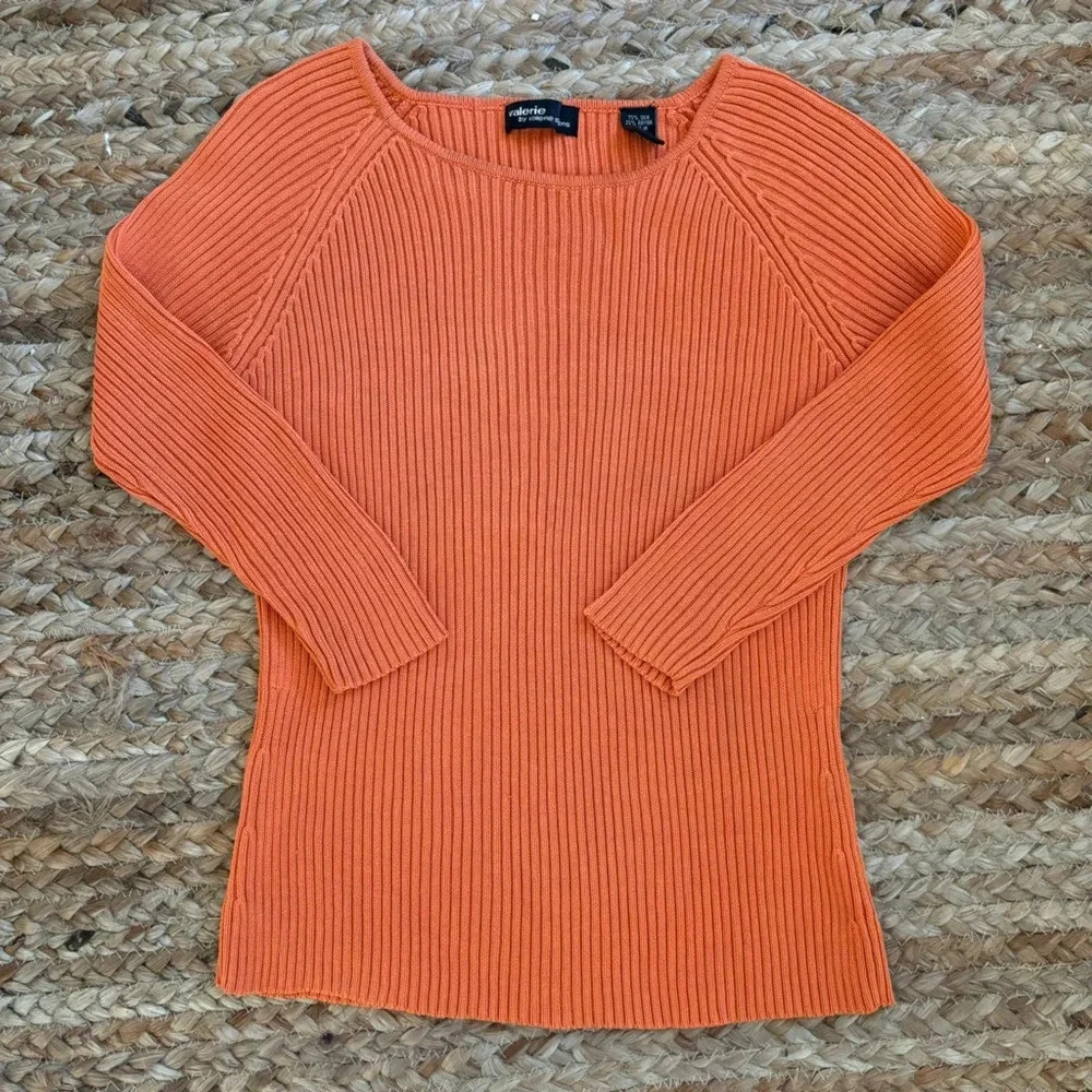 Valerie Stevens Small Orange Ribbed Fitted Silk Blend Sweater 3/4 Sleeve